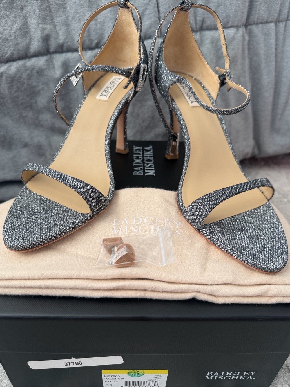 Badgley Mischka Rhinestone-Embellished Silver Ankle-Strap Sandals
